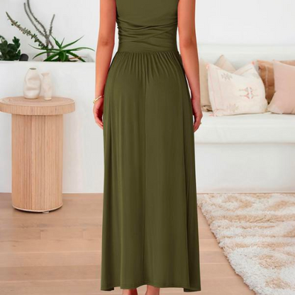 VESTIDO FRUNCIDO SIN MANGAS CON CINTURA ALTA