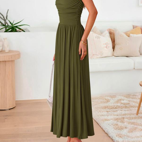VESTIDO FRUNCIDO SIN MANGAS CON CINTURA ALTA