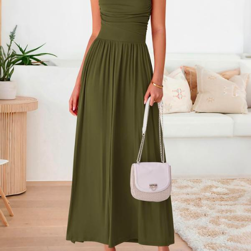 VESTIDO FRUNCIDO SIN MANGAS CON CINTURA ALTA