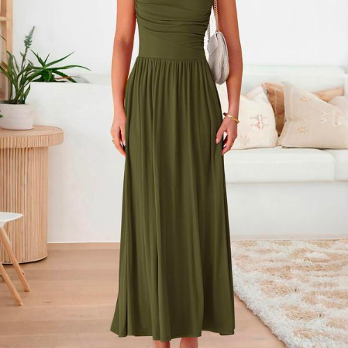 VESTIDO FRUNCIDO SIN MANGAS CON CINTURA ALTA