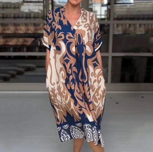 Vestido midi holgado con escote en V estampado